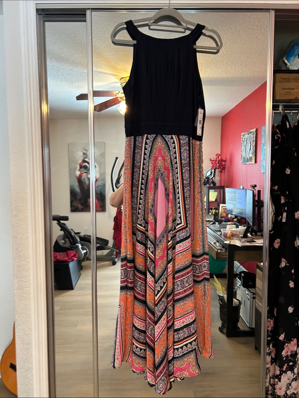 Studio I Black Top with Coral Multi Boho Skirt